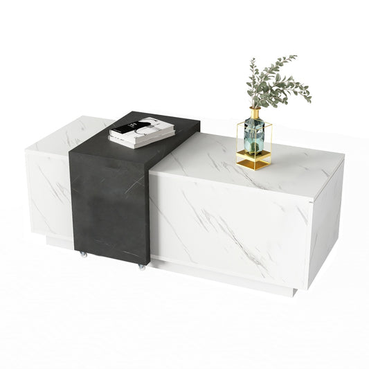 Salontafel – Woonkamertafel – Bijzettafel – Koffietafel – Tafel – Wit Marmerprint – Houtfineer – Hardhouten Basis – Eenvoudige Montage