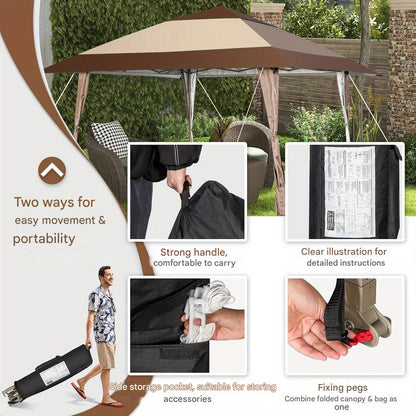 Partytent – Paviljoen – Feesttent – Tuintent – Pop-up Tent – Stevig Stalen Frame – Verstelbare Hoogte 390x390 cm – Water- en UV-bestendig Doek – Inclusief Draagtas met Wieltjes – Bruin