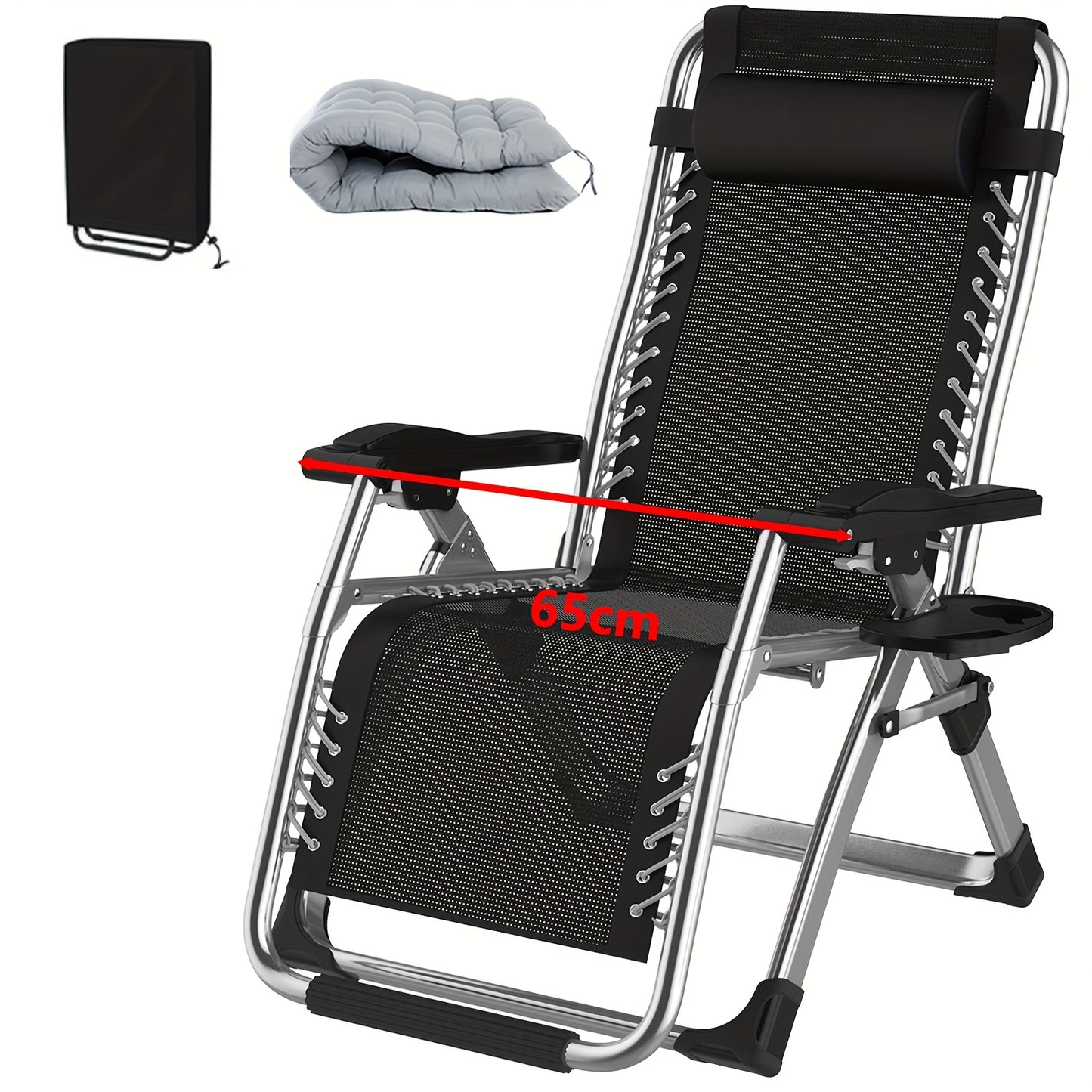 Inklapbare Loungestoel – Campingstoel – Tuinstoel – Balkonstoel – Relaxstoel – Verstelbare Rugleuning – Uitneembare Kussens – Stevig Metalen Frame – Inclusief Hoofdsteun en Zijtafel – Silvery 65 cm