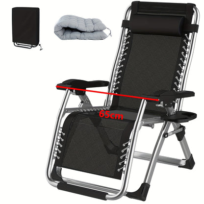 Inklapbare Loungestoel – Campingstoel – Tuinstoel – Balkonstoel – Relaxstoel – Verstelbare Rugleuning – Uitneembare Kussens – Stevig Metalen Frame – Inclusief Hoofdsteun en Zijtafel – Silvery 65 cm