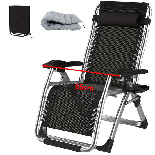 Inklapbare Loungestoel – Campingstoel – Tuinstoel – Balkonstoel – Relaxstoel – Verstelbare Rugleuning – Uitneembare Kussens – Stevig Metalen Frame – Inclusief Hoofdsteun en Zijtafel – Silvery 65 cm