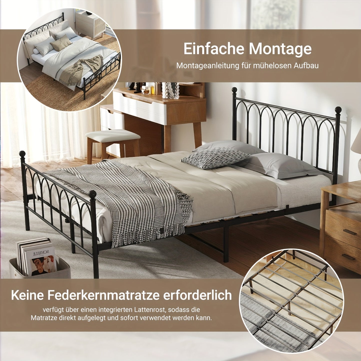 Metaal Bedframe – Stalen Bedframe – Bedframe Met Lattenbodem – Slaapkamerbed – Modern Bedframe Met Hoofdbord – Stevig Metalen Frame – 140x190 cm