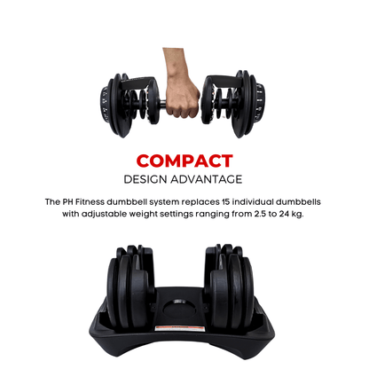 Verstelbare Dumbbell – Verstelbare Halter – Dumbbell Set – Gewichtenset – Smart Dumbbells – 15 Gewichtsniveaus van 2,5 tot 24 kg – Compact & Ruimtebesparend