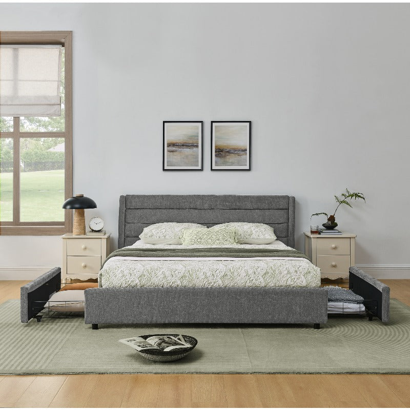 Ledikant – Bedframe – Slaapbank – Bedbank – Stalen Bed – 140x200 cm – Donkergrijs Chenille – 4 Grote Opbergladen – Eenvoudige Montage