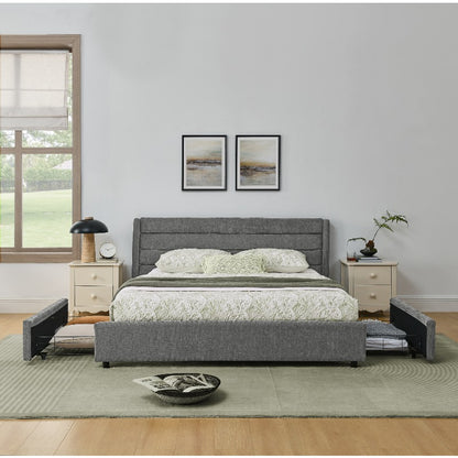 Ledikant – Bedframe – Slaapbank – Bedbank – Stalen Bed – 140x200 cm – Donkergrijs Chenille – 4 Grote Opbergladen – Eenvoudige Montage
