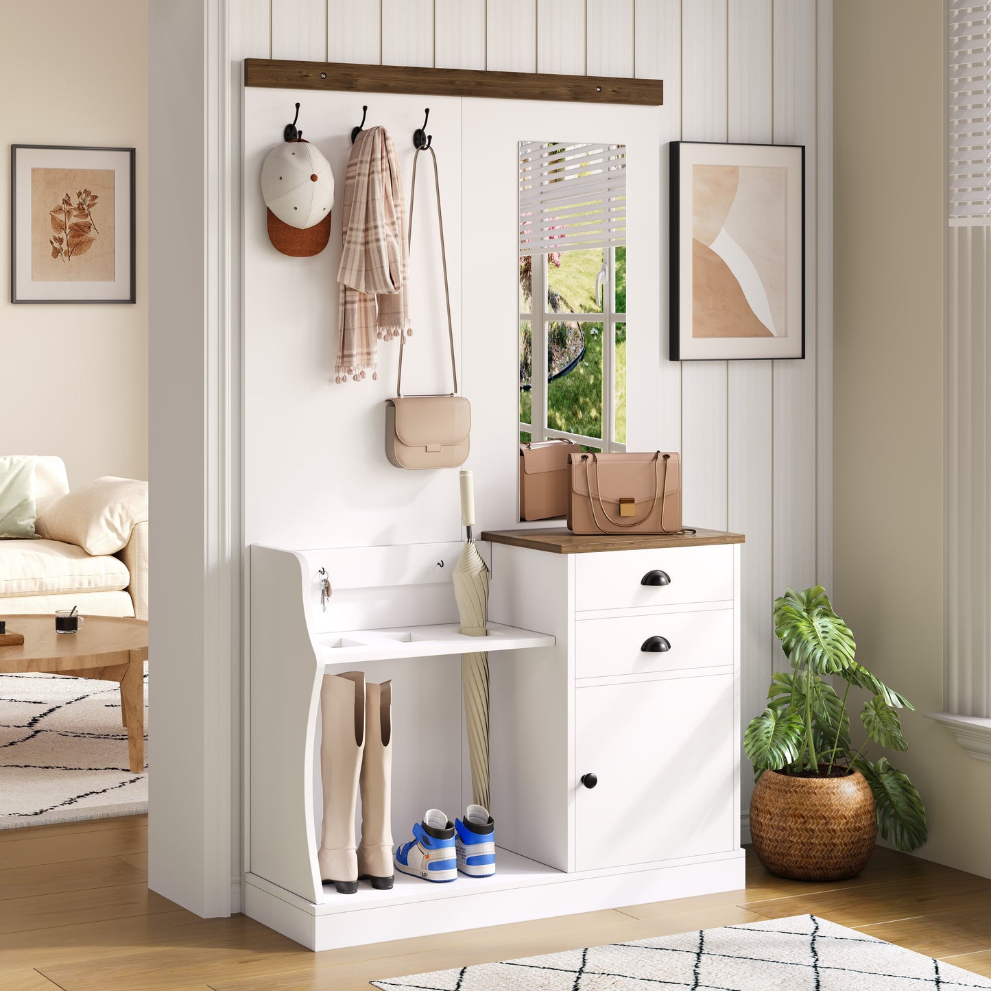 Garderobekast – Kapstok – Opbergkast – Halmeubel – Schoenenkast – Wit Houtlook – Compact Formaat – Spiegel – Lades – Parapluhouder