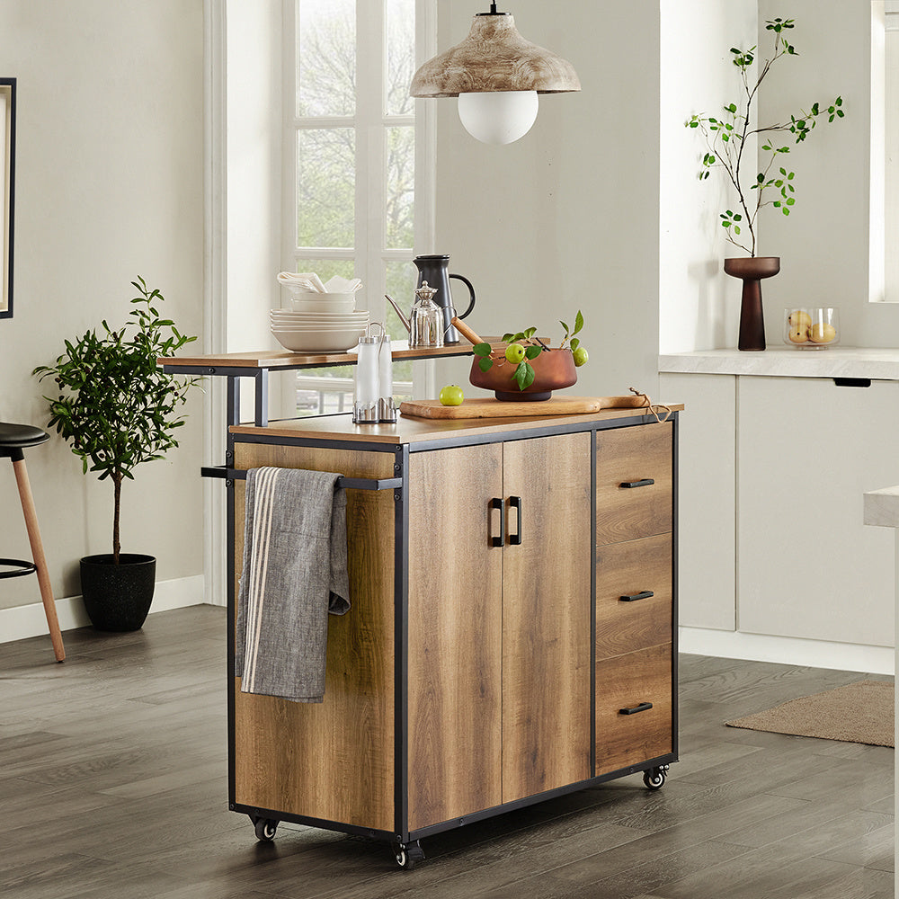 Keukenkast – Keukeneiland – Buffetkast – Opbergkast – Keukenmeubel – Hout – Met 3 Laden & 2 Deuren – Met Wielen & Handdoekhouder – 113x69x106 cm