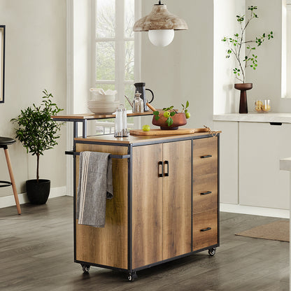 Keukenkast – Keukeneiland – Buffetkast – Opbergkast – Keukenmeubel – Hout – Met 3 Laden & 2 Deuren – Met Wielen & Handdoekhouder – 113x69x106 cm