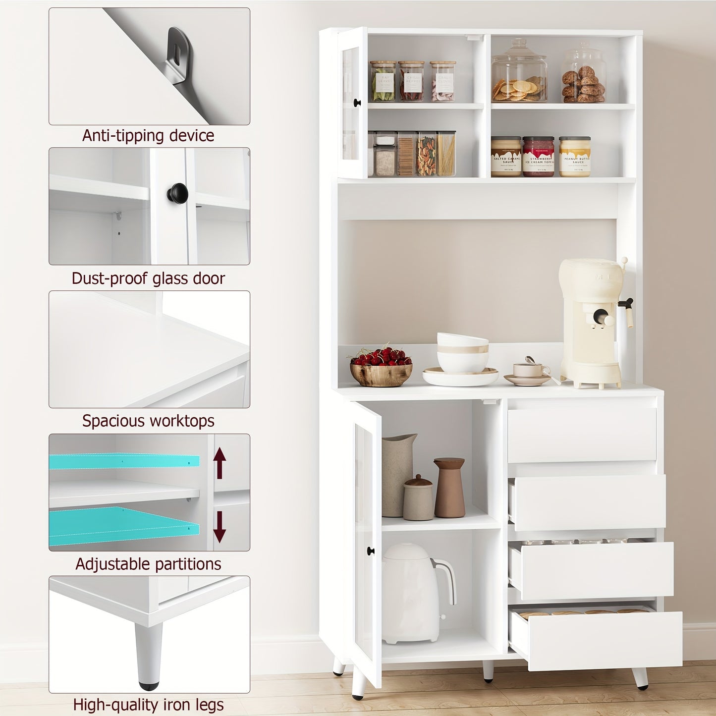Vrijstaande Opbergkast – Keukenkast – Vitrinekast – Ladenkast – Buffetkast – MDF Hout – 3,2+ Kubieke Voet Opbergruimte – Modern Wit Met Glasdeuren
