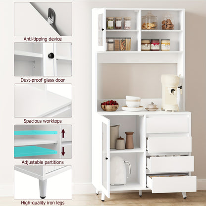 Vrijstaande Opbergkast – Keukenkast – Vitrinekast – Ladenkast – Buffetkast – MDF Hout – 3,2+ Kubieke Voet Opbergruimte – Modern Wit Met Glasdeuren