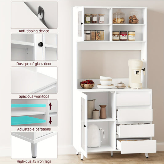 Vrijstaande Opbergkast – Keukenkast – Vitrinekast – Ladenkast – Buffetkast – MDF Hout – 3,2+ Kubieke Voet Opbergruimte – Modern Wit Met Glasdeuren