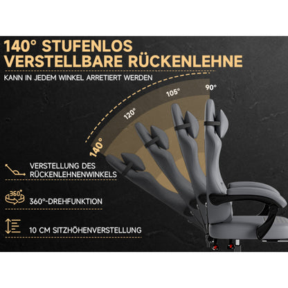 Gamingstoel – Gaming Chair – Bureaustoel – Gamestoel – Werkstoel – Ergonomisch Echt Leer – Massagefunctie – Uittrekbare Voetensteun – Grijs – Draagt 150 kg