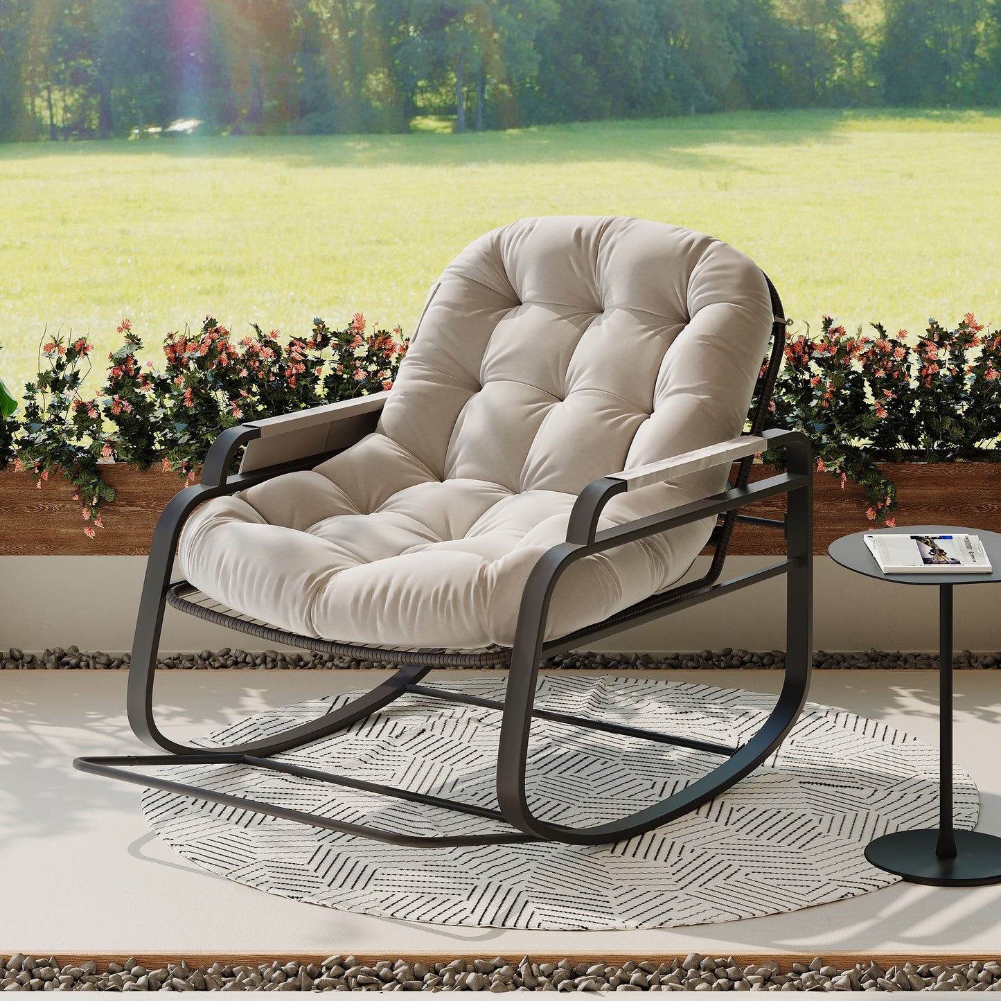 Rocking Chair, Lounge Chair, Nursing Chair, Rattan Rocking Chair, Suitable for Garden, Living Room, Yard, Terrace, and Balcony (Beige, 89.5 x 94.5 x 93.5 cm)