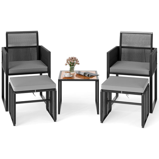 Tuinset – Loungeset – Balkonset – Zitgroep – Bistroset – 5-delig rattan met kussens – Opbergbare voetensteun en inklapbare rugleuning