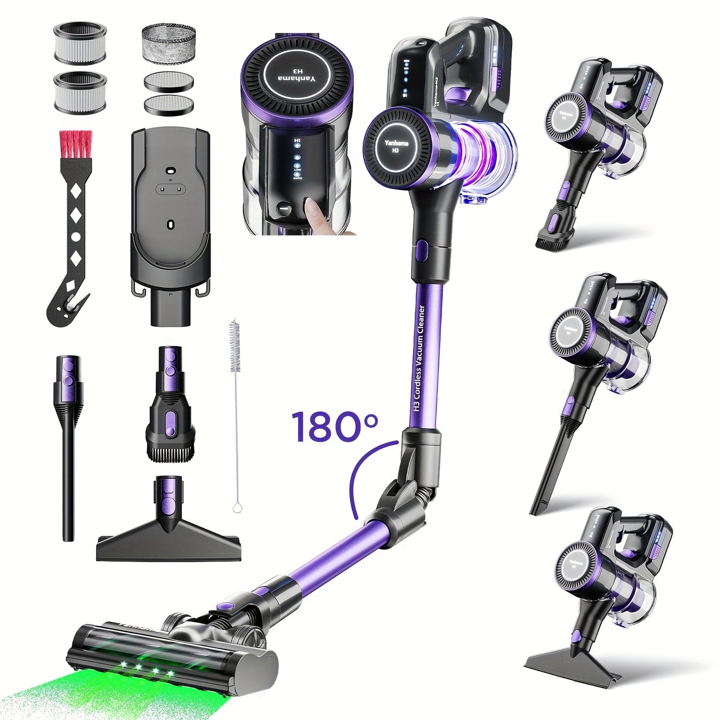 Yanhama Brushless Motor Wireless Vacuum Cleaner, Powerful Suction, Flexible Bending Design, Suitable For Sofa Crevices, Carpets, Pet Hair