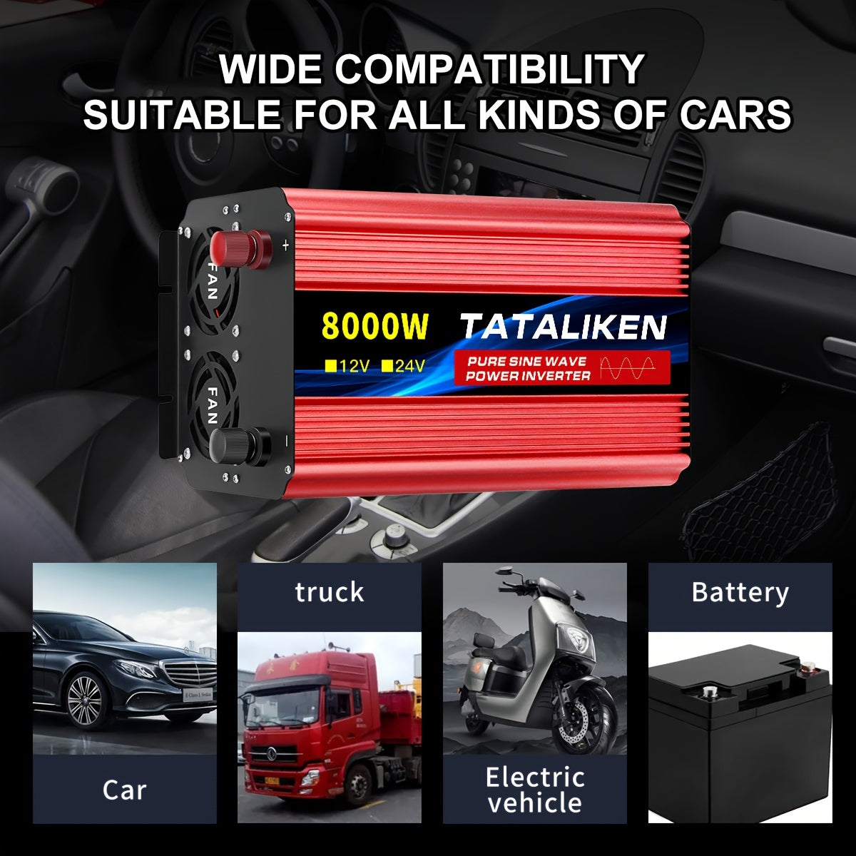 Power Inverter – Spanningsomvormer – Omvormer – Stroomomzetter – 12V Naar 220V – 8000W Piekvermogen – 4 AC Uitgangen – LCD Scherm – Afstandsbediening – Robuust Metalen Behuizing