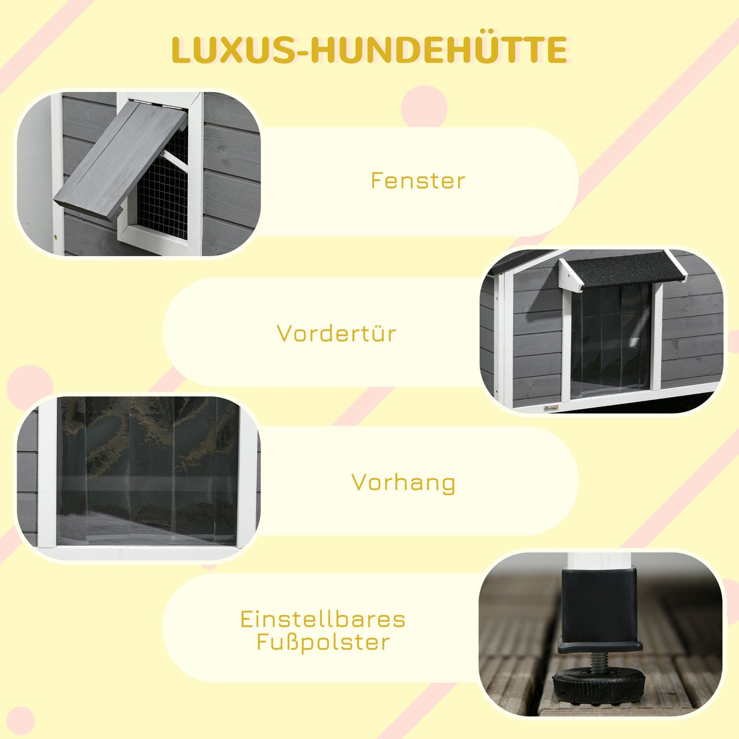 Hondenhok – Hondenhuis – Hondenbungalow – Hondenverblijf – Hondenhok Buiten – Massief Hout – Weerbestendig Met Asfalt Dak – Verwijderbare Vloer – 109x79x72 cm – Zwart Grijs Wit