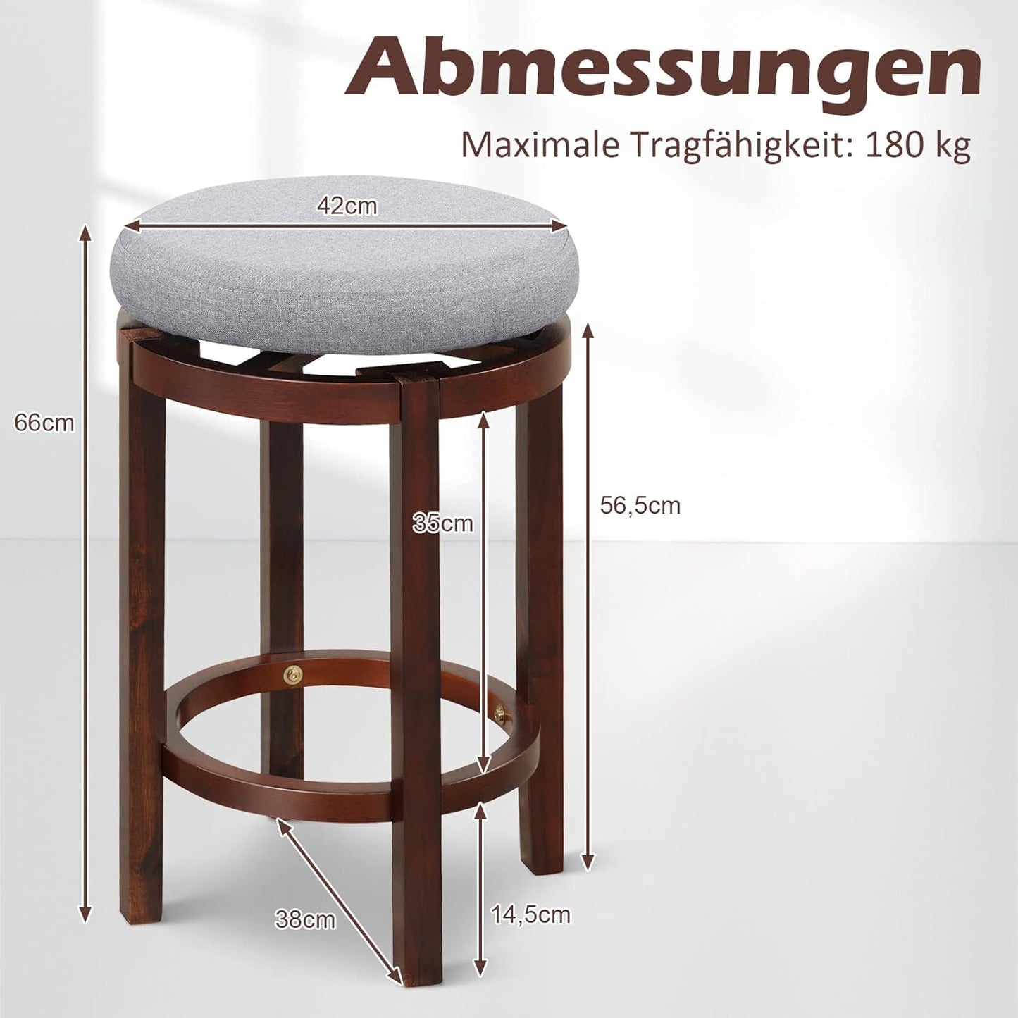 Barkrukken – Barstoelen – Keukenstoelen – Caféstoelen – Draaibare Krukken – 360° Draaibaar – Rubberen Houten Poten – Comfortabel Linnen Zitting – Set Van 2 – 66 cm Hoogte – Grijs/Naturel