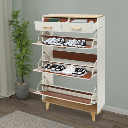 Schoenenkast – Schoenenrek – Schoenopberger – Schoenenkastje – Schoenenmeubel – Warm Wit Hout met Gouden Accenten – Ruim met 15 Paar Schoenen Capaciteit en Dubbele Lades