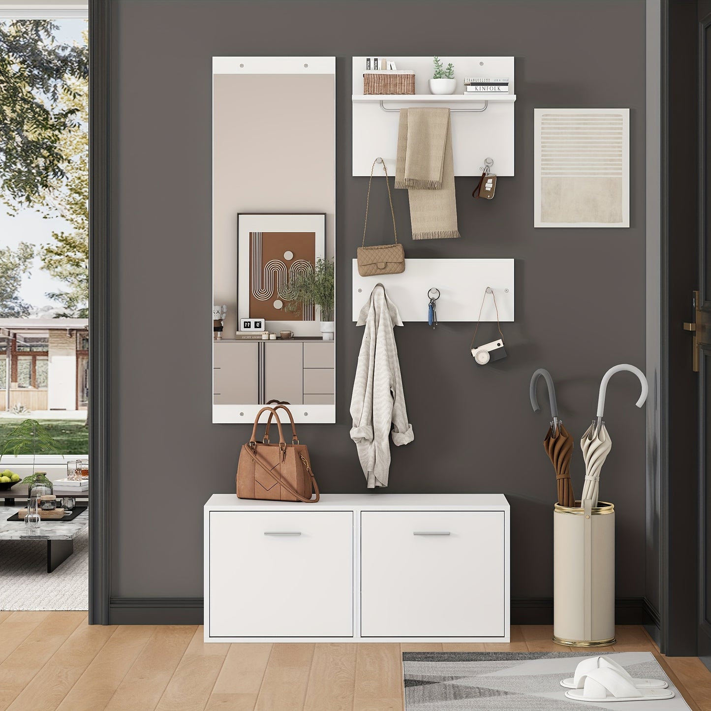 4pcs White Modern Classic Entryway Hallway Wardrobe Set with Mirror, 2 Hat Racks, Shoe Cabinet & 6 Coat Hooks - Space-Saving Compact Storage Cabinet with Doors, Easy Assembly, Floor-Standing Design for Small Spaces, Apartment