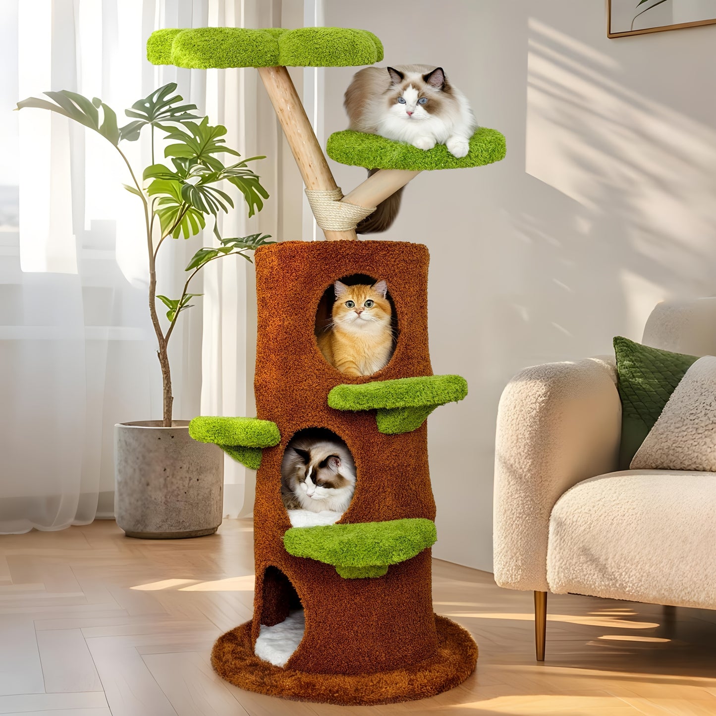 Kattenboom – Krabpaal – Klimpaal – Kattenhuis – Kattenmeubel – 148 cm Hoog – Stevige, Stabiele Basis