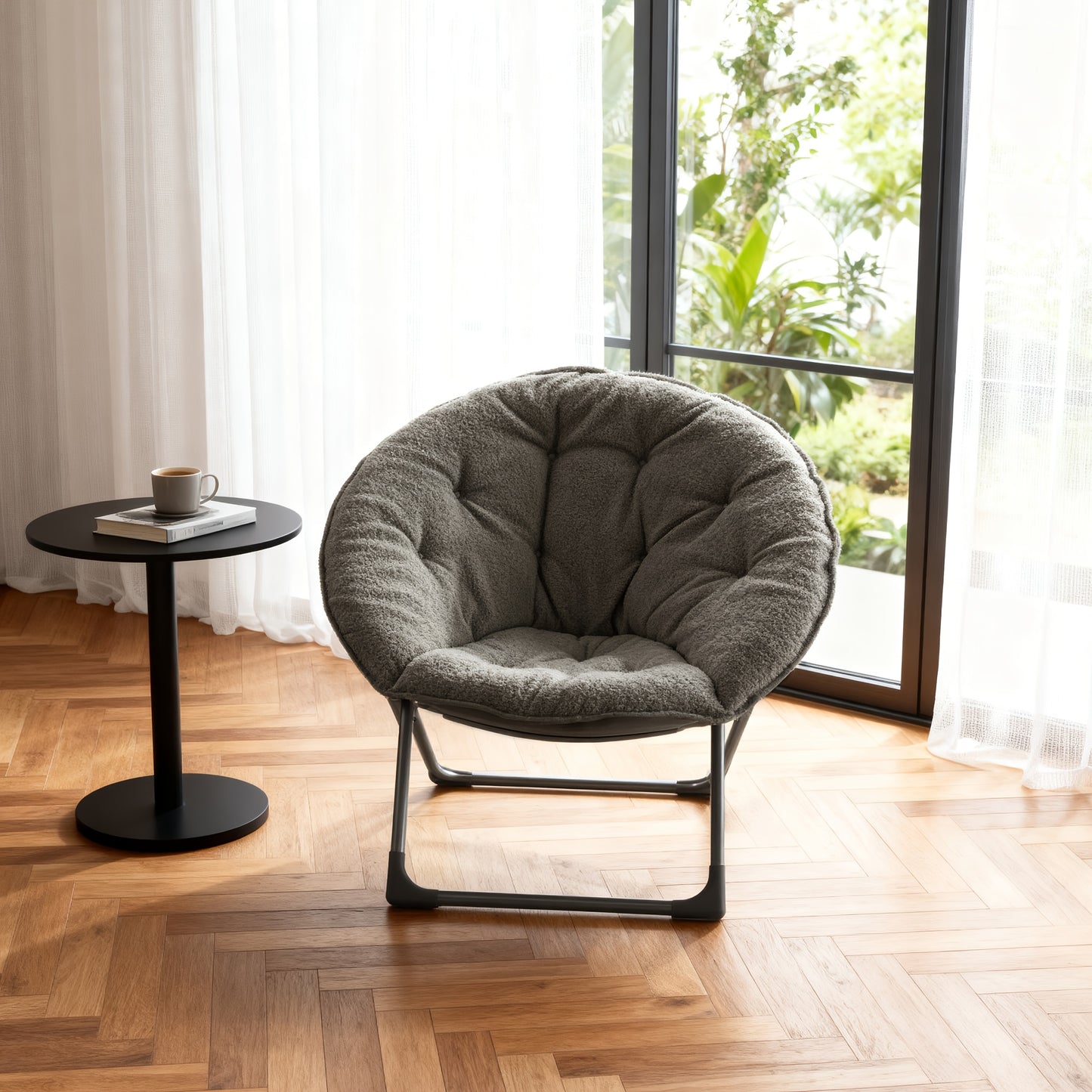 Opvouwbare Stoel – Klapstoel – Lounge Stoel – Moon Chair – Zitstoel – Lichtgewicht Bamboe Frame – Inclusief Bijzettafel – Zacht Katoenen Zitcomfort – Grijs