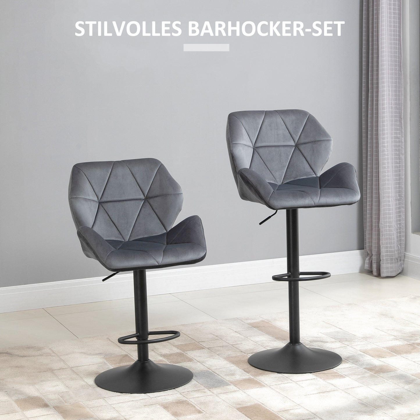 Barstoel – Barkruk – Hoog Krukje – Barstoel Set – Barkrukken – Grijs – Fluweelzacht Bekleed – 360° Draaibaar & In Hoogte Verstelbaar