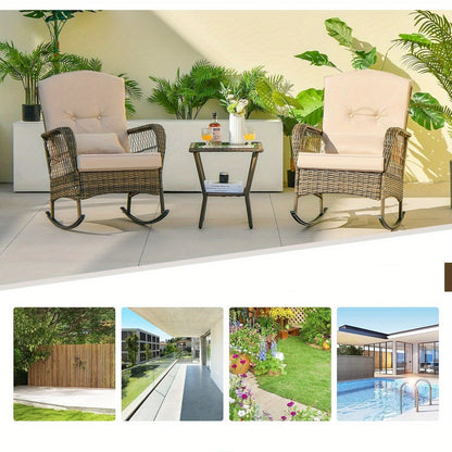 3-delige Tuin Schommelstoel Set – Buitenschommel Stoel – Lounge Stoel – Relaxstoel – Balkonmeubel – Handgeweven PE Rattan – Gehard Glas Tafel – Comfortabele Kussens – Veilig Schommelontwerp Beige
