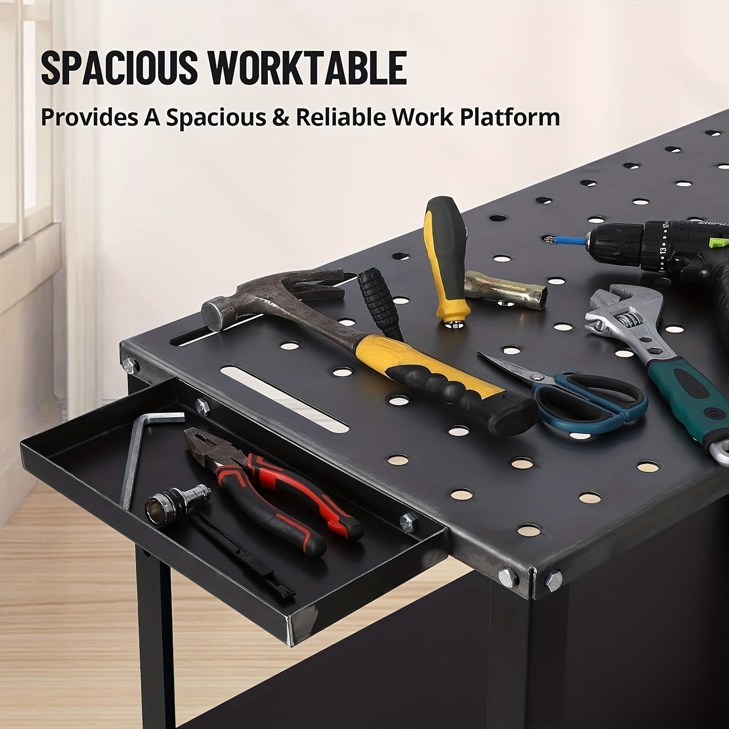 Heavy-Duty Steel Welding Table with 5/8" Holes & Fixture System - Industrial Workbench with Locking Casters, 68.04 KG Capacity, Adjustable Height, 36"x18" Large Work Surface, Sturdy Welding Cart for Workshop, Factory - No Pow