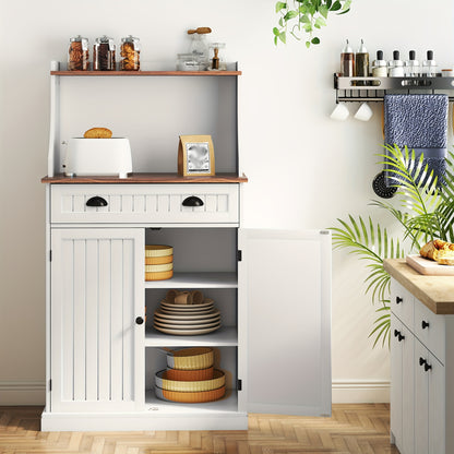 Grote Opbergkast – Keukenkast – Dressoir – Kast Met Laden – Witte Kast Met Dubbele Deuren – Verstelbare Planken – Magnetronstandaard – Antikantel Beveiliging – Stevig MDF Met Metaal En Massief Hout