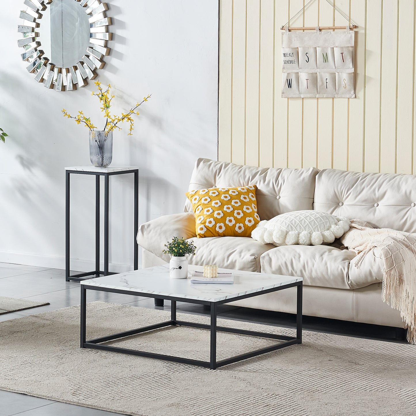 Salontafel – Koffietafel – Tafeltje – Woonkamertafel – Bijzettafel – Zwart – Marmerlook MDF – Industrieel Design – 80x80x34 cm – Stevig Metalen Frame – Eenvoudig Montuur