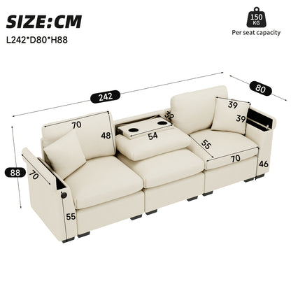 3-Zits Bank – Hoekbank – Slaapbank – Loveseat – Zetel – Inklapbare Tafel – Opbergruimte – Grijs – Ruimtebesparend Ontwerp – Katoen Bamboe Bekleding