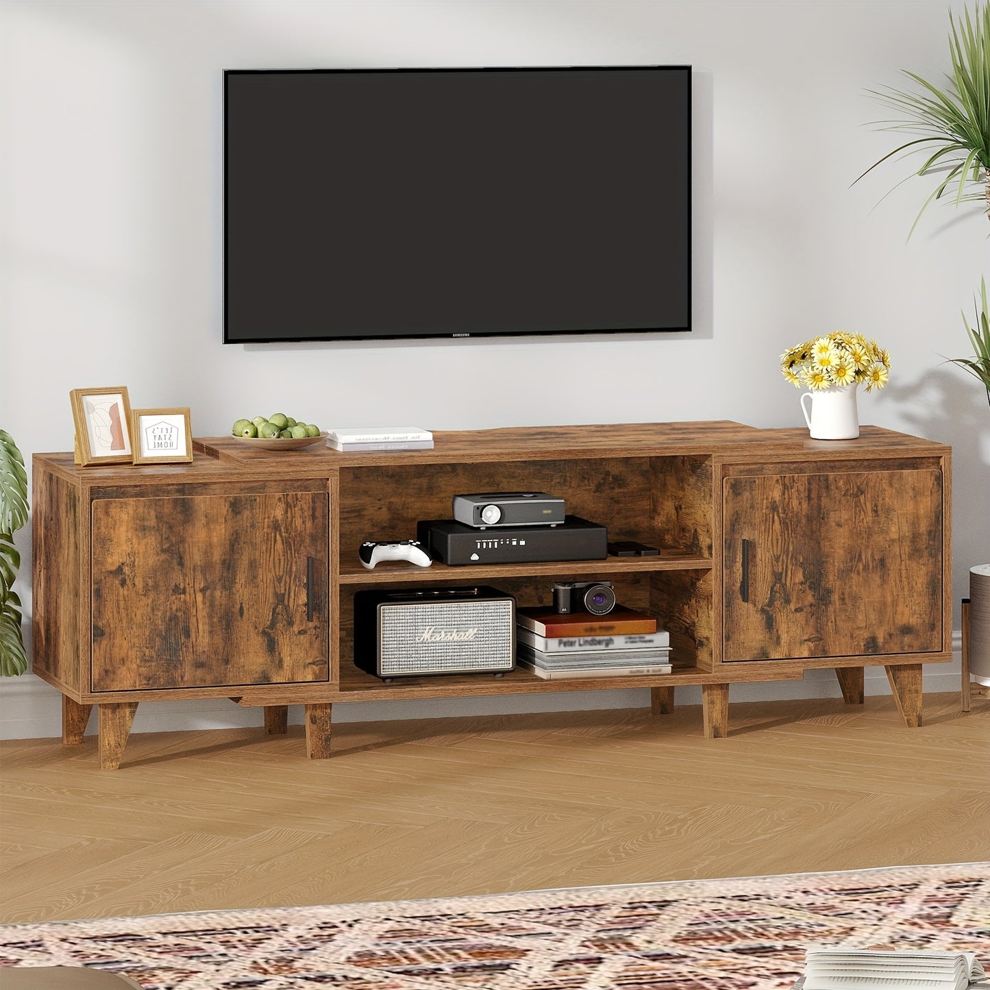 Tv Meubel – Tv Kast – Tv Stand – Mediameubel – Entertainment Center – Bruin – Voor Tv’s Tot 60 Inch – Met 2 Kasten En 2 Open Vakken – Afmetingen 40x140x51,5 cm