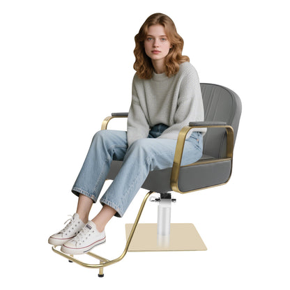 Professional Heavy-Duty Barber Chair - Height-Adjustable Salon Chair with 360° Swivel, PU & Frame (Square Base & Round Pedestal Feet) - Grey Barber Chair for Hair Salon, Barbershop - Compatible with Most