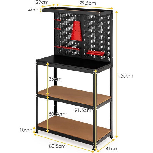 1pc POWERSTONE Heavy-Duty Workbench with 3 Shelves and 13 Hanging Accessories - Multipurpose Metal Utility Table for Garage, Home, Warehouse - Durable Hardwood and MDF Construction, Black