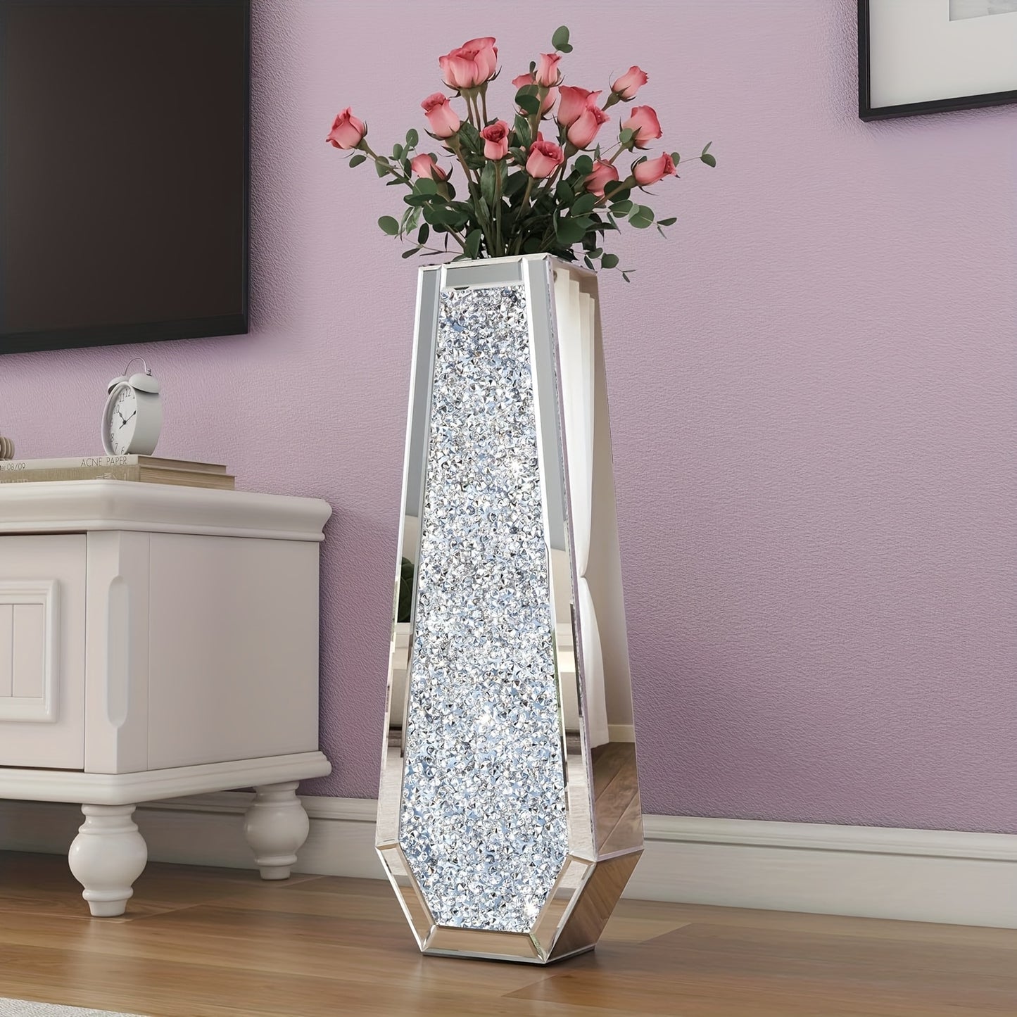 Extra Hoge Vaas – Grote Vazen – Bloemvaas – Interieurvaas – Decoratieve Vaas – Set Van 2 – Spiegelend Glas Met Crushed Diamond – 68 Cm Hoog