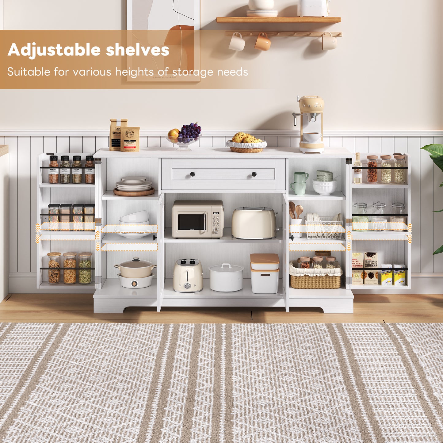 Buffetkast – Opbergkast – Dressoir – Keukenkast – Kast Met Lade – 138 Cm Breed – Kantelbeveiliging – Verstelbare Planken – Wit