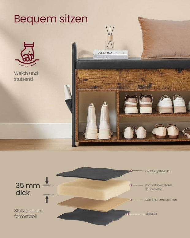 Schoenenbank met zitvlak - schoenenrek - zitbank met opbergruimte onder het deksel - PU-organizer - handgrepen - voor hal - woonkamer - slaapkamer - vintage bruin-inktzwart