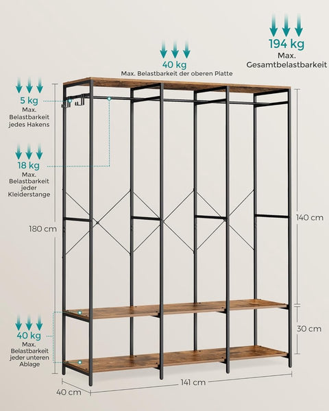 Kledinghangers - Kledingrek Metaal - Schoenenrek- Kledingkasten Slaapkamer - 40 x 141 x 180 cm - Kledingrek Vintage Bruin