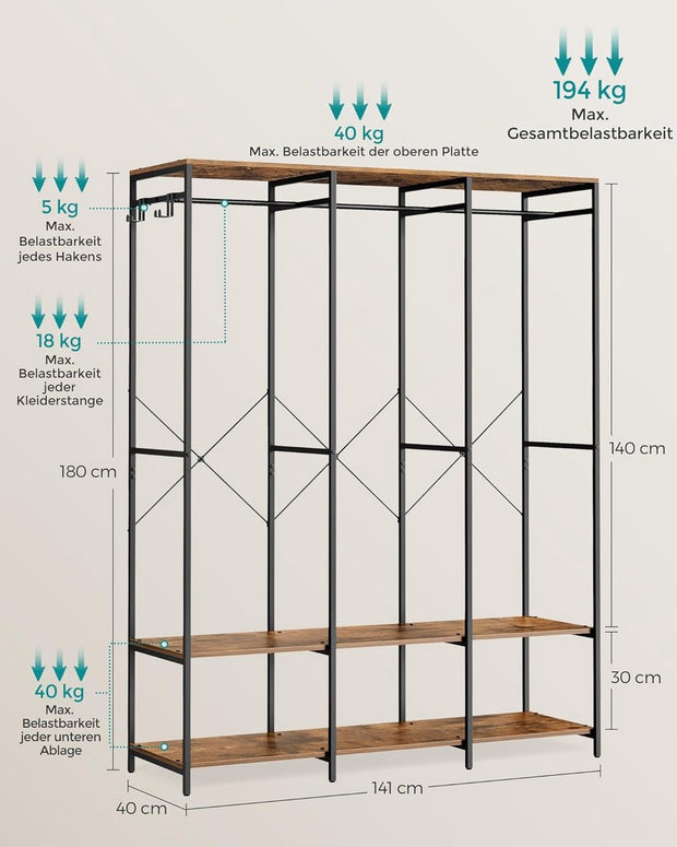 Kledinghangers - Kledingrek Metaal - Schoenenrek- Kledingkasten Slaapkamer - 40 x 141 x 180 cm - Kledingrek Vintage Bruin