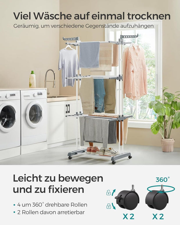 Droogrek - Staand droogrek - 4 niveaus - Vleugelwasrek - Opvouwbare vleugels - Met wielen - 64 x 126 x 172 cm - Grijs