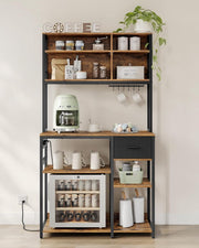 Keukenplank met stopcontacten - Staande plank - Magnetronplank - Verstelbare planken - Stoffen lade 12 haken - 40 x 100 x 180 cm - Magnetron Keuken - Vintage Bruin - Inkt Zwart