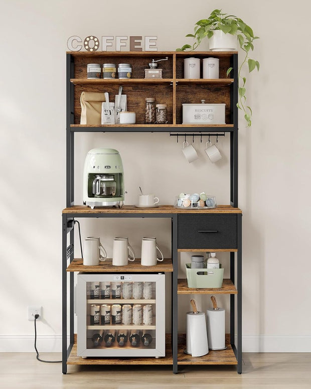 Keukenplank met stopcontacten - Staande plank - Magnetronplank - Verstelbare planken - Stoffen lade 12 haken - 40 x 100 x 180 cm - Magnetron Keuken - Vintage Bruin - Inkt Zwart