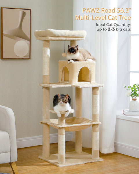 Luxe Kattenboom met Krabpaal - Kattenspeeltoestel - Kattenaccessoires - Huisdierspeelgoed - Groot - 45x55x143cm - Hout - 12,3kg - Beige