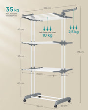 Droogrek - Staand droogrek - 4 niveaus - Vleugelwasrek - Opvouwbare vleugels - Met wielen - 64 x 126 x 172 cm - Grijs