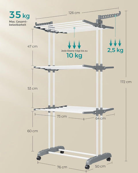 Droogrek - Staand droogrek - 4 niveaus - Vleugelwasrek - Opvouwbare vleugels - Met wielen - 64 x 126 x 172 cm - Grijs