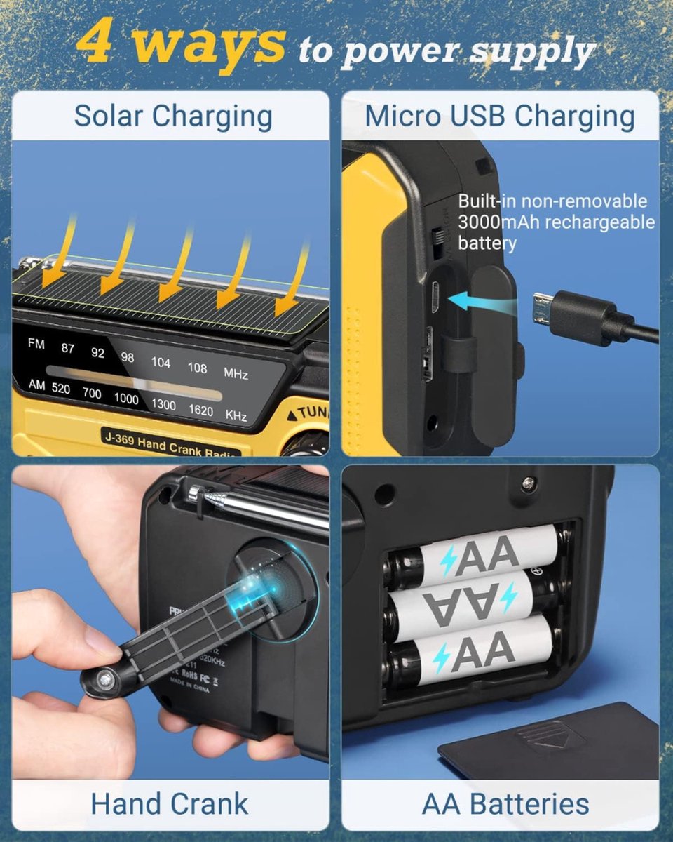 Noodradio Solar Opwindbaar - Noodradio Opwindbaar - Opwindbare Radio - Powerbank Zonne Energie - 3000mAh-batterij - USB-opladen - Geel