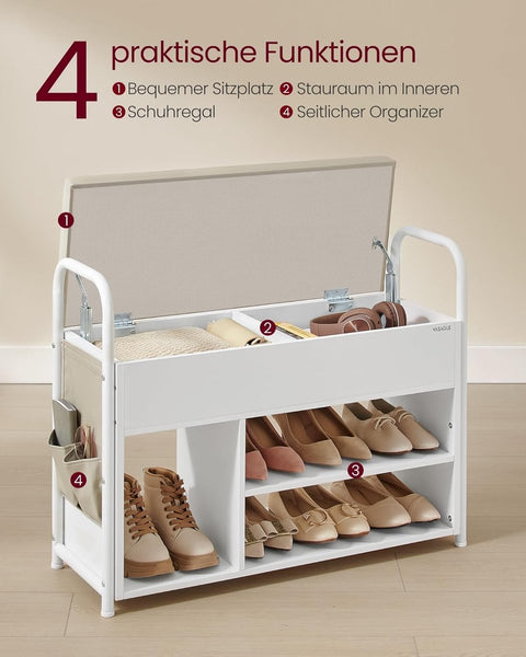 Schoenenbank met zitvlak - schoenenrek - zitbank met opbergruimte onder het deksel - PU-organizer - handgrepen - voor hal - woonkamer - slaapkamer - wolkenwit + cappuccinobeige