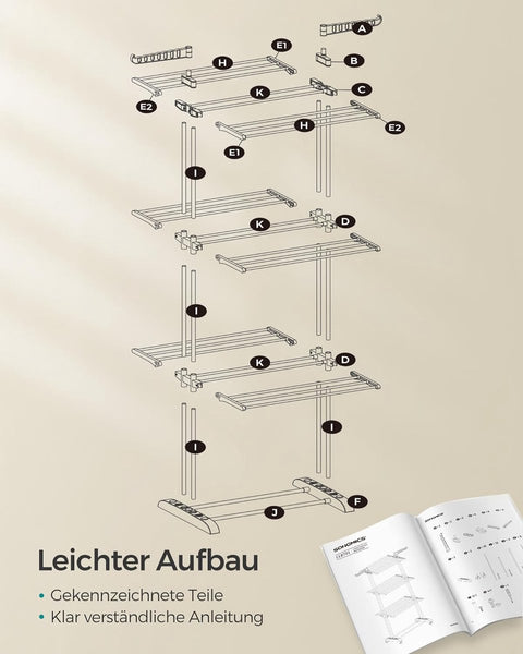 Droogrek - Staand droogrek - 4 niveaus - Vleugelwasrek - Opvouwbare vleugels - Met wielen - 64 x 126 x 172 cm - Grijs