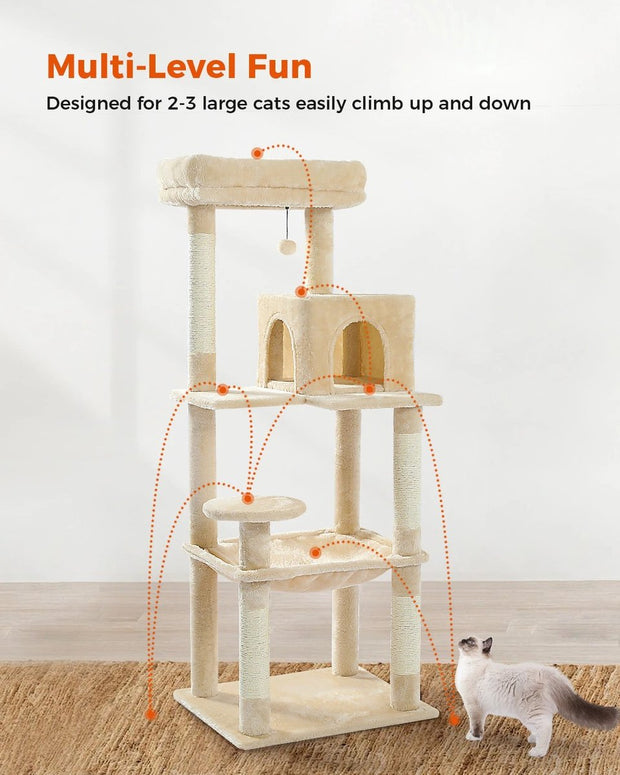 Luxe Kattenboom met Krabpaal - Kattenspeeltoestel - Kattenaccessoires - Huisdierspeelgoed - Groot - 45x55x143cm - Hout - 12,3kg - Beige